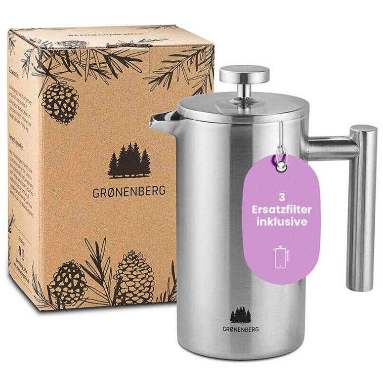 Groenenberg - French Press 1000ml - Kaffeebereiter - Edelstahl, spülmaschinengeeignet, doppelwandig